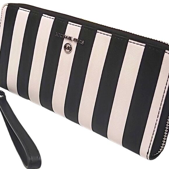Michael Kors Jet Set Charm Continental Large Wallet- Black/White Stripe - Picture 14 of 16